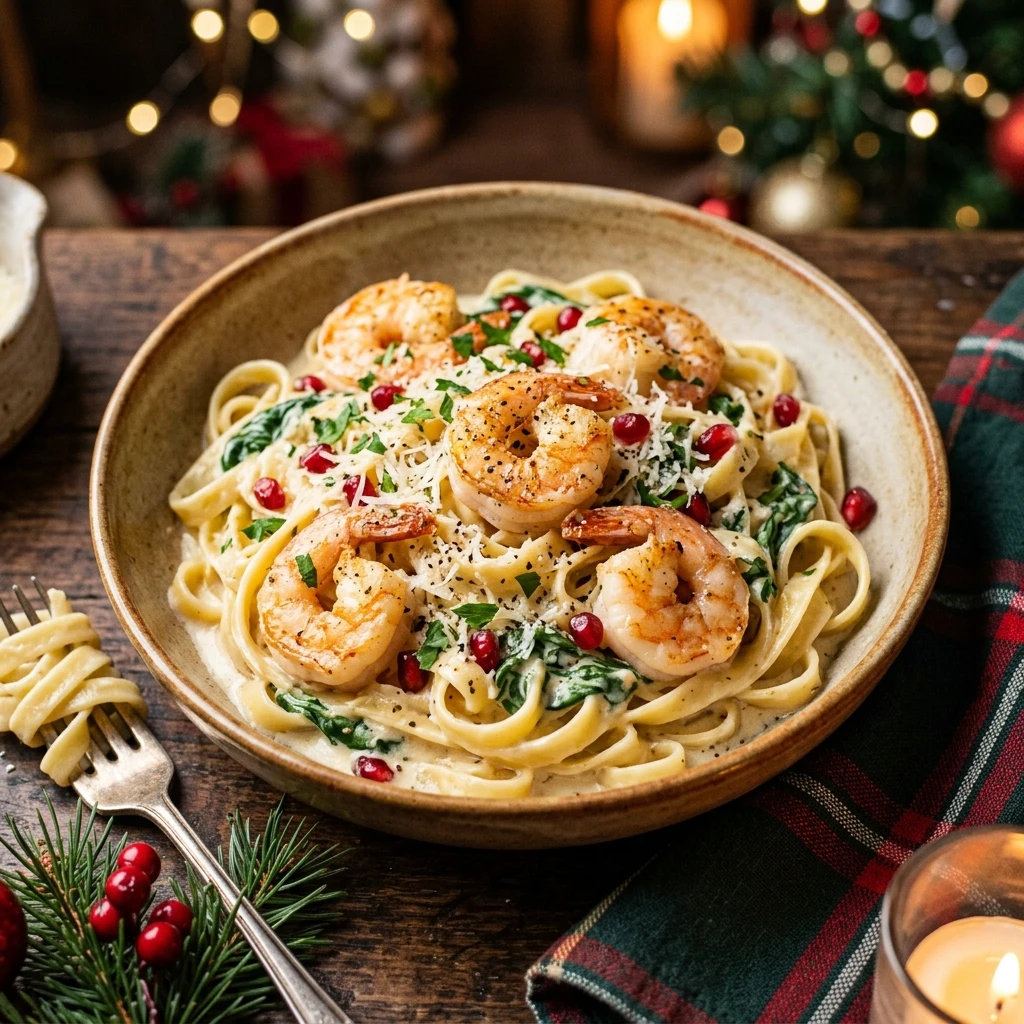 Creamy Garlic Shrimp Alfredo Pasta Christmas Seafood Dinner