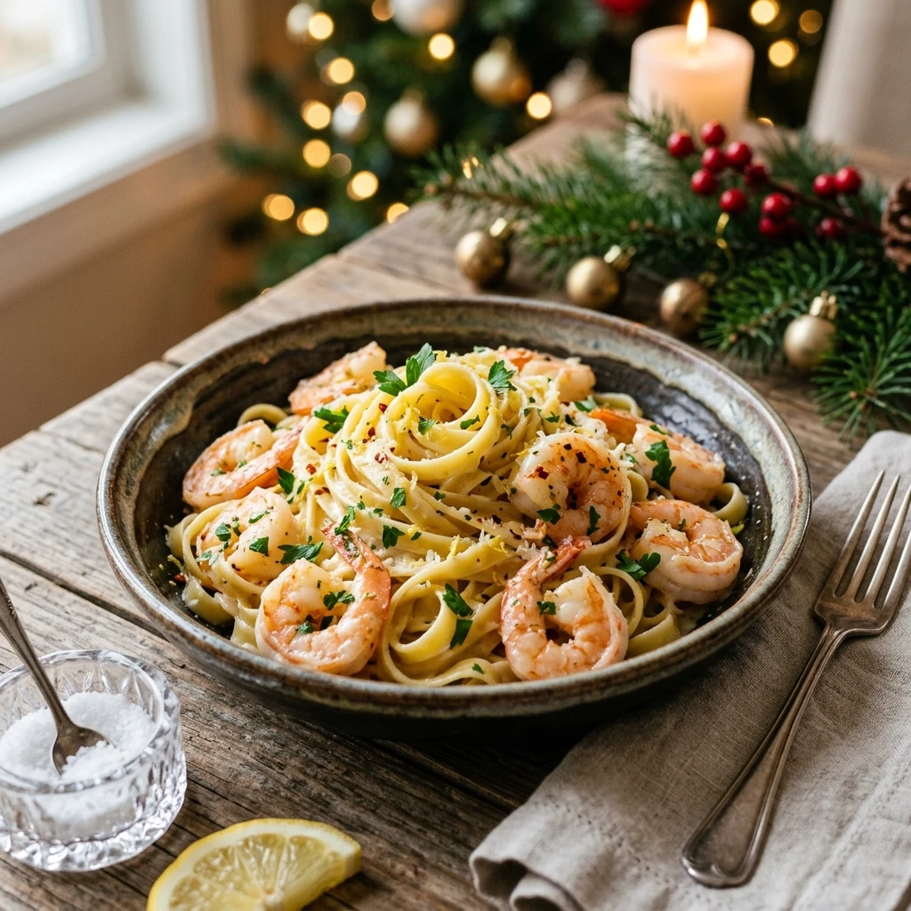 Creamy Lemon Garlic Shrimp Pasta Christmas Seafood Holiday 20 Minute