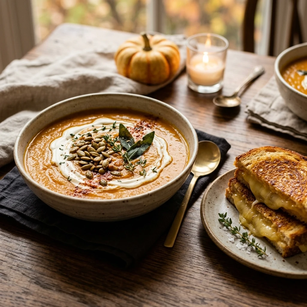 Creamy Pumpkin And Tomato Soup With Grilled Cheese Fall