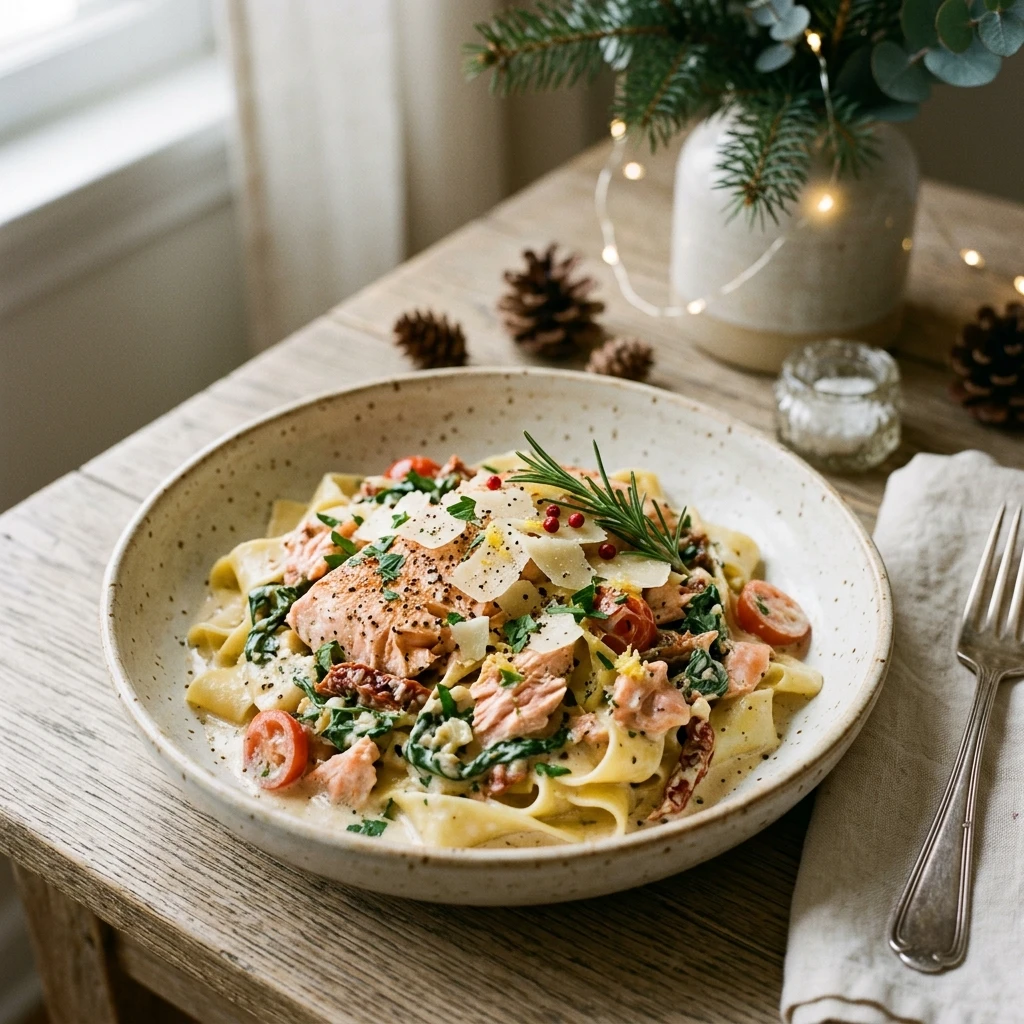 Creamy Tuscan Salmon Pasta Christmas Garlic Butter Seafood Holiday