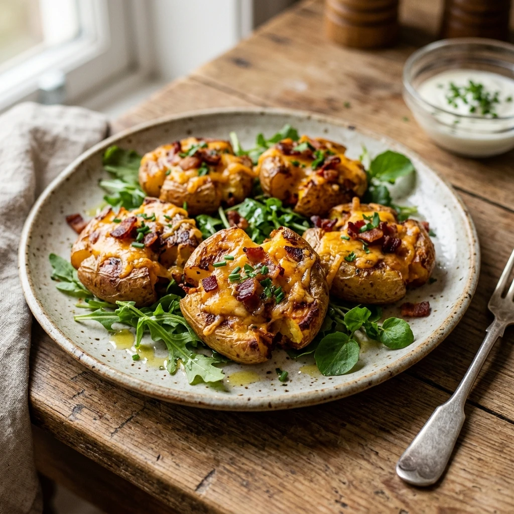 Crispy Smashed Potatoes With Bacon Cheddar