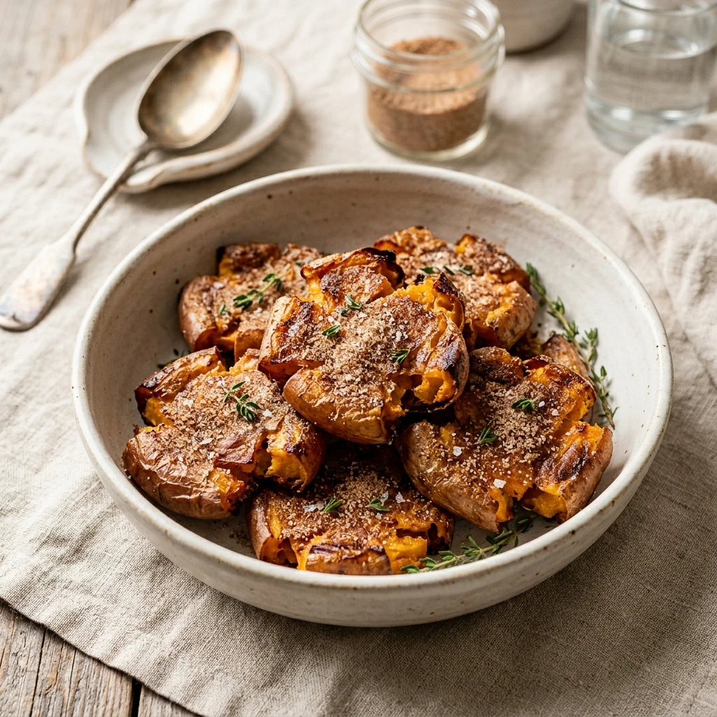 Crispy Smashed Sweet Potatoes With Cinnamon Sugar