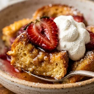 Dump And Bake French Toast With Strawberries And Whipped Cream