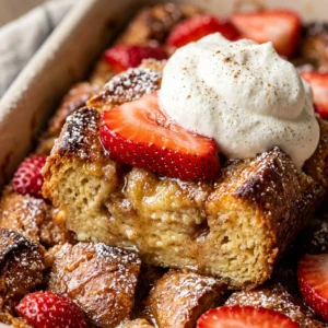 Dump And Bake French Toast With Strawberries And Whipped Cream