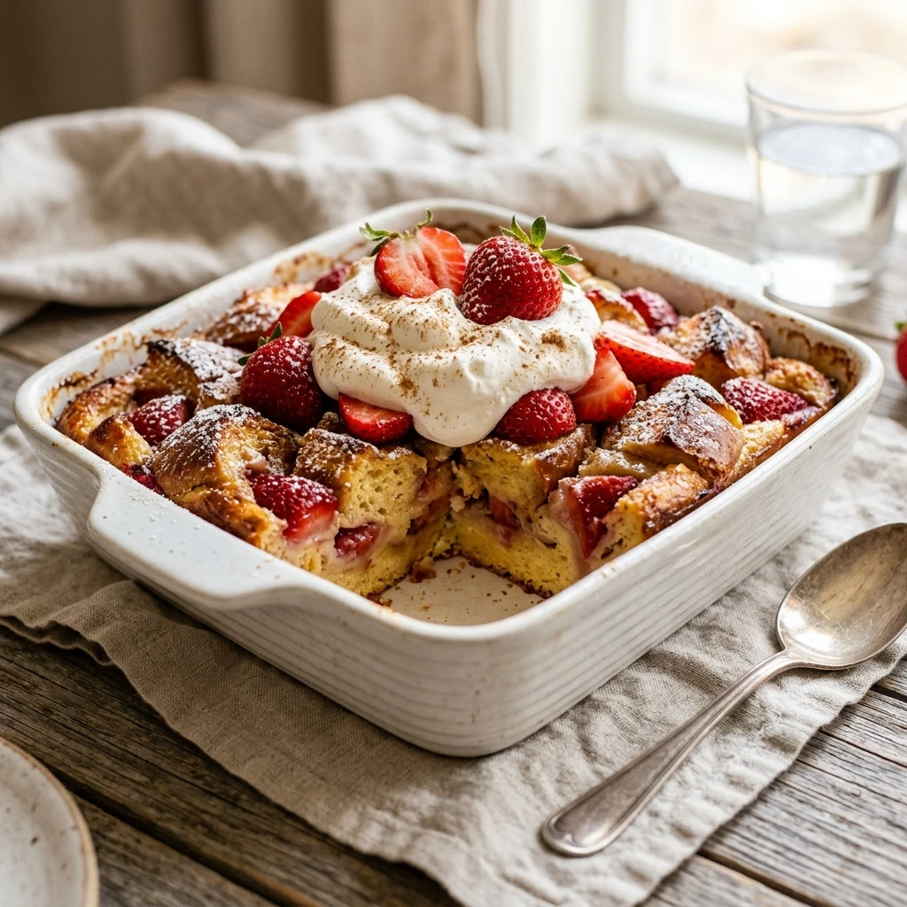 Dump And Bake French Toast With Strawberries And Whipped Cream