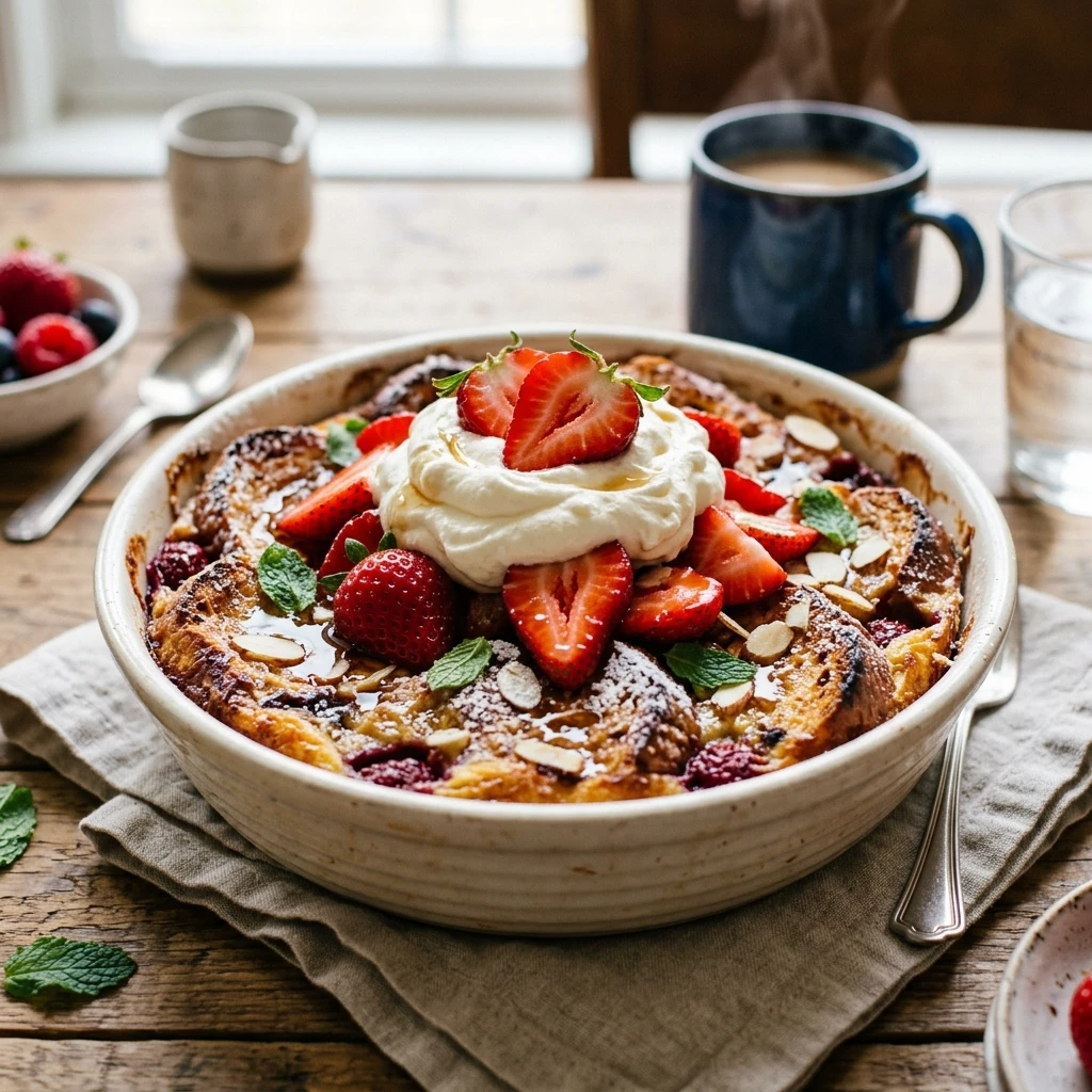 Dump And Bake French Toast With Strawberries And Whipped Cream