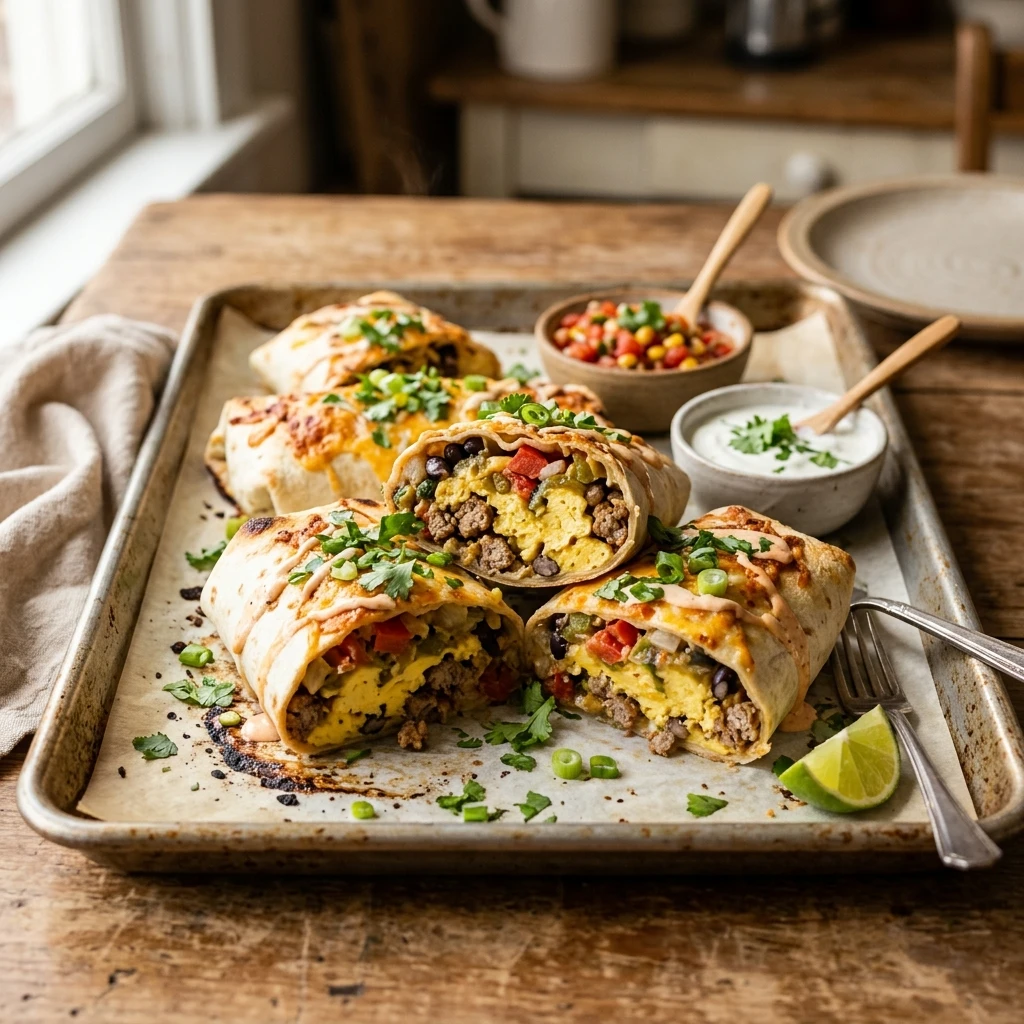 Dump And Bake Sheet Pan Breakfast Burritos With Sausage And Eggs
