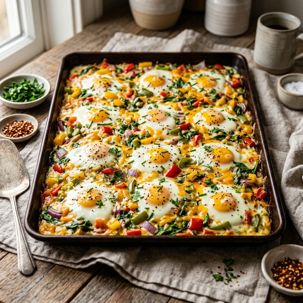 Dump And Bake Sheet Pan Eggs With Cheese And Veggies Feeds 12