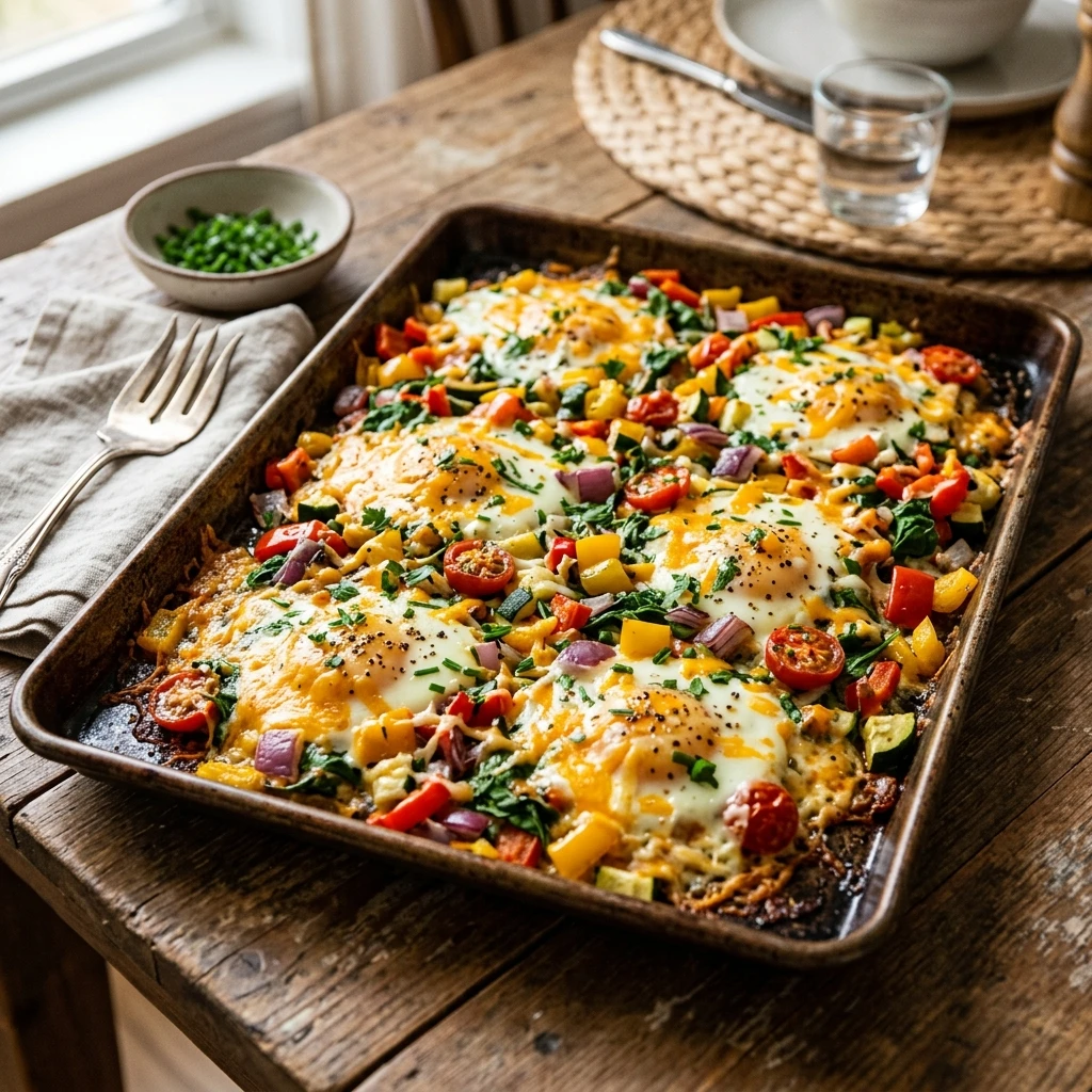 Dump And Bake Sheet Pan Eggs With Cheese And Veggies Feeds 12