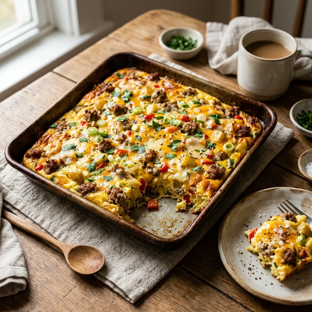 Dump And Bake Sheet Pan Eggs With Sausage And Cheese Family