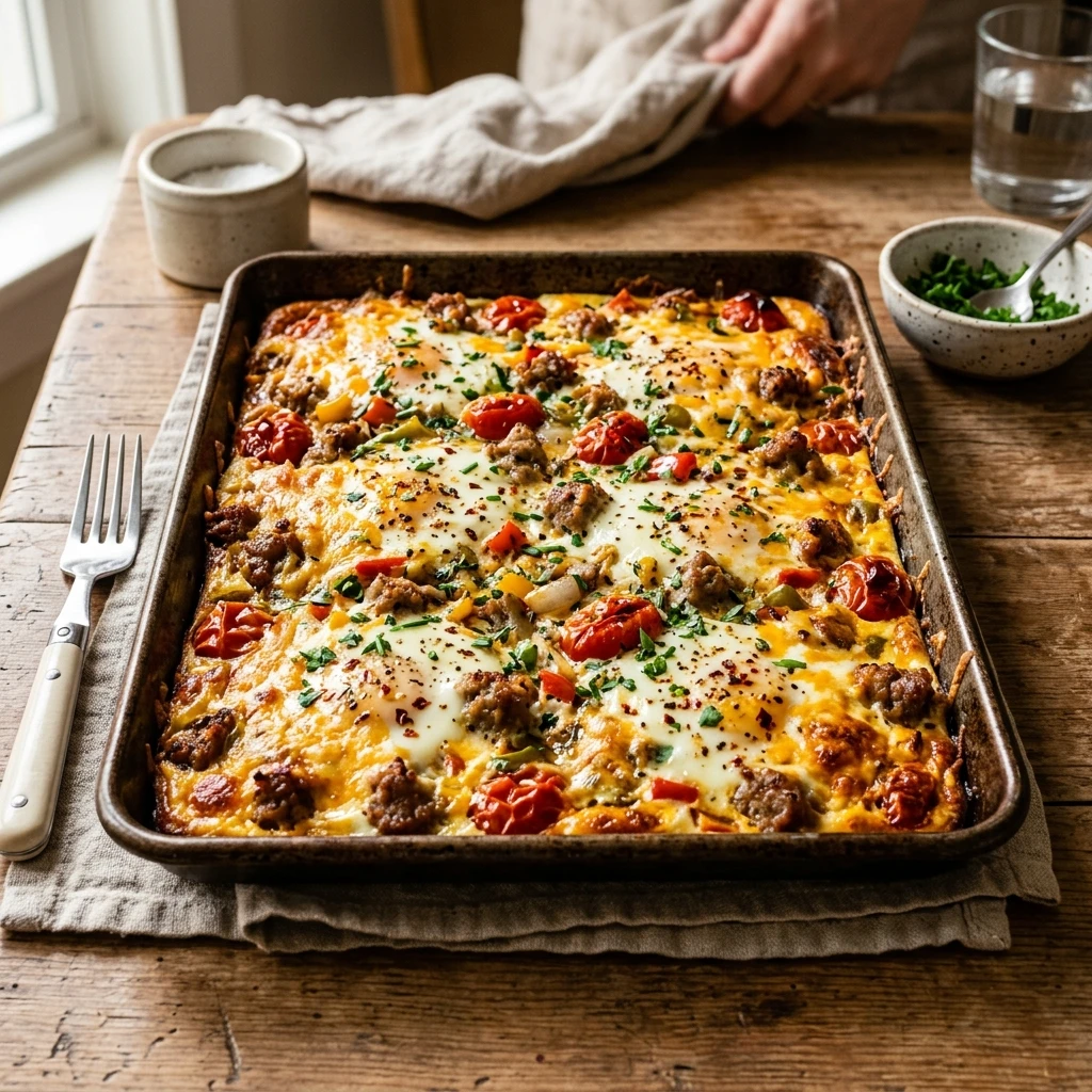 Dump And Bake Sheet Pan Eggs With Sausage And Cheese Family