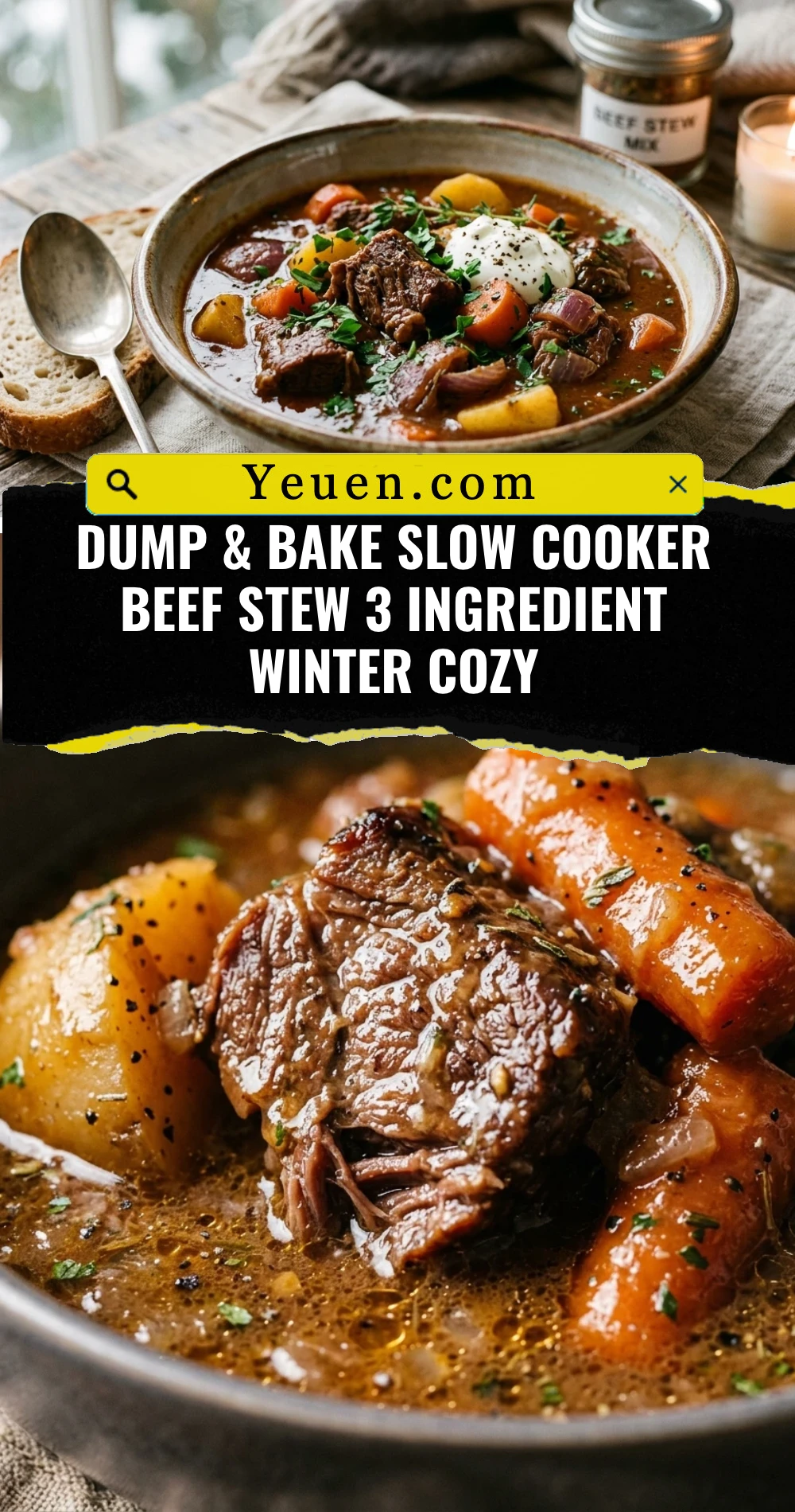 Dump & Bake Slow Cooker Beef Stew 3 Ingredient Winter Cozy