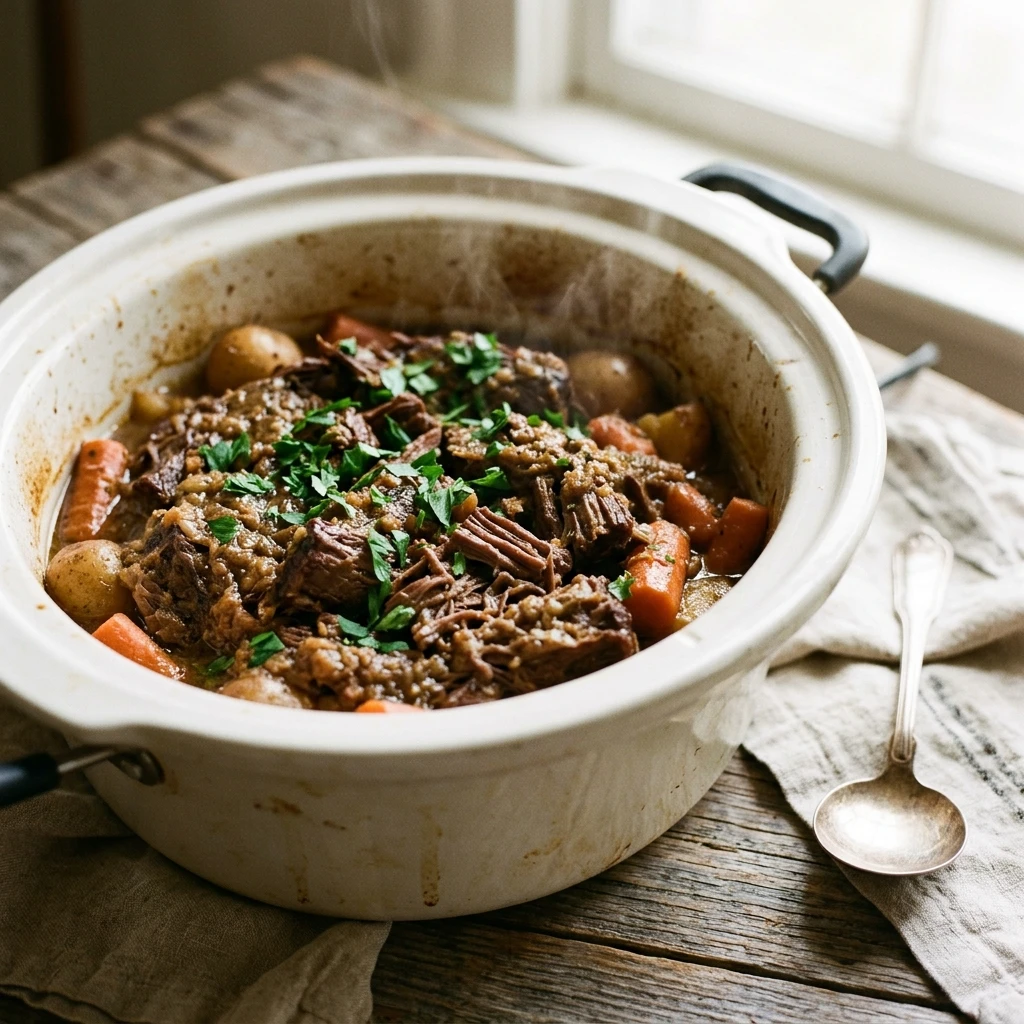 Dump & Bake Slow Cooker Pot Roast 3 Ingredient No Prep