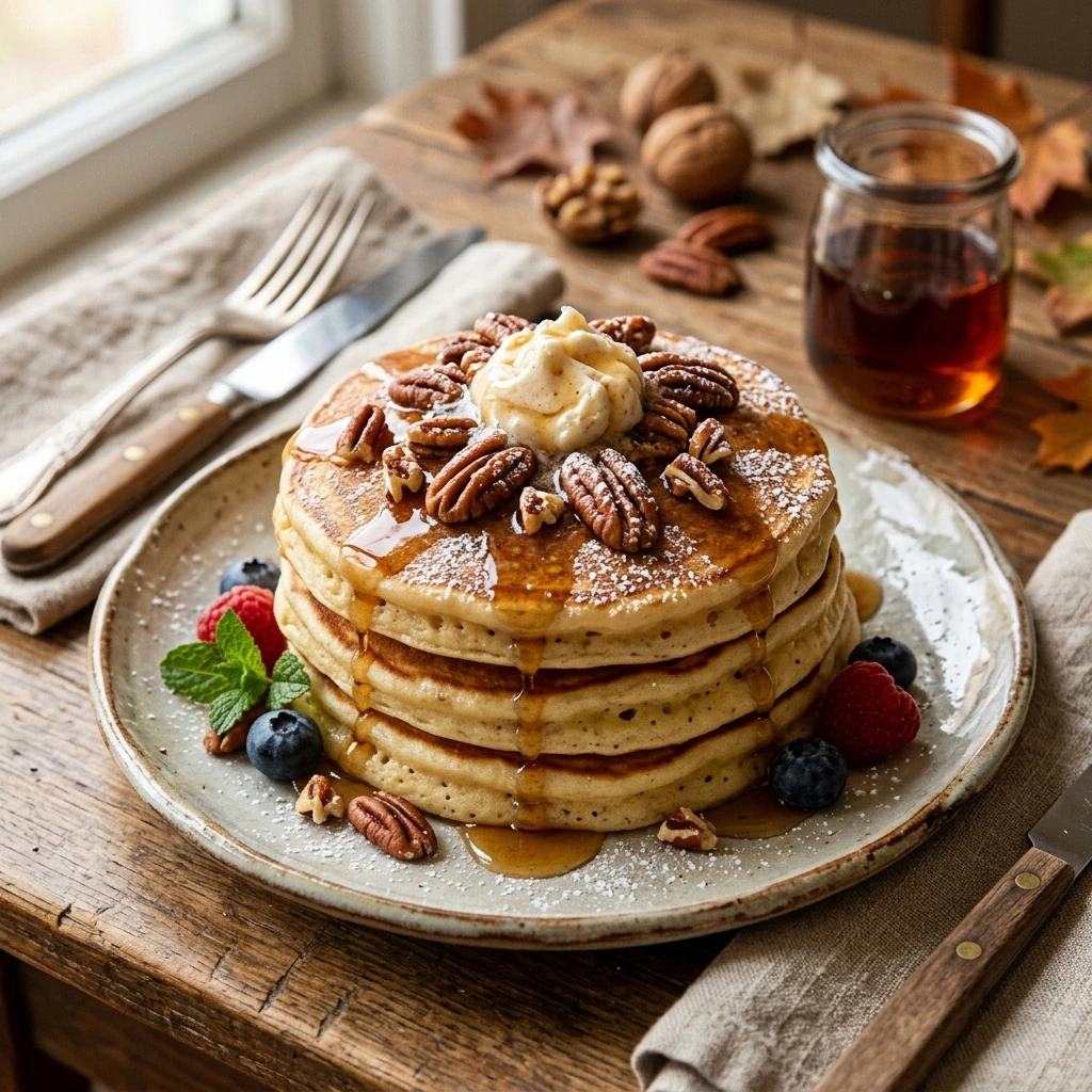 Fall Maple Pecan Pancakes Fluffy Cozy Better Than IHOP