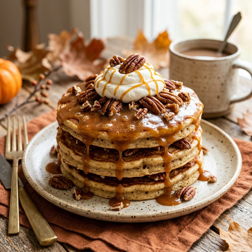 Fall Pecan Pie Pancakes Fluffy Gooey Caramel Cozy