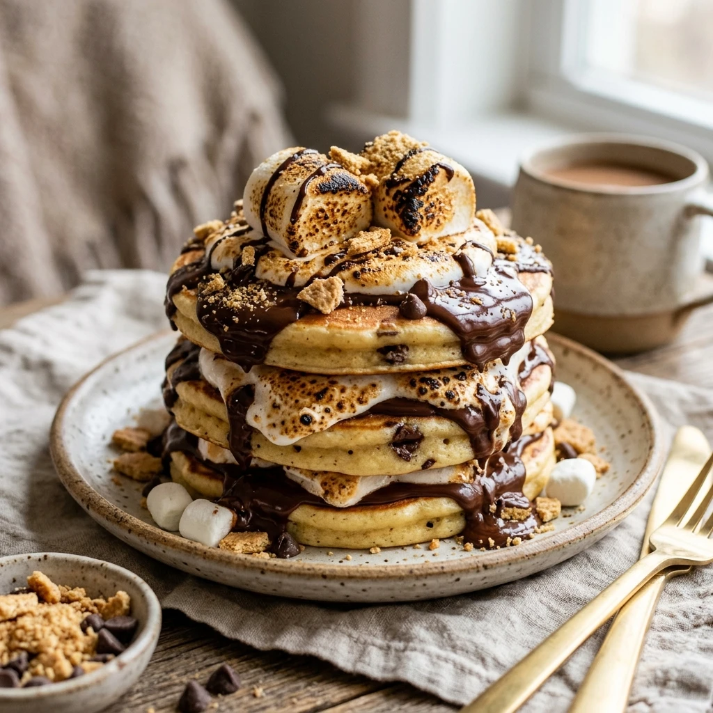 Fluffy S'mores Pancakes Marshmallow Chocolate Golden