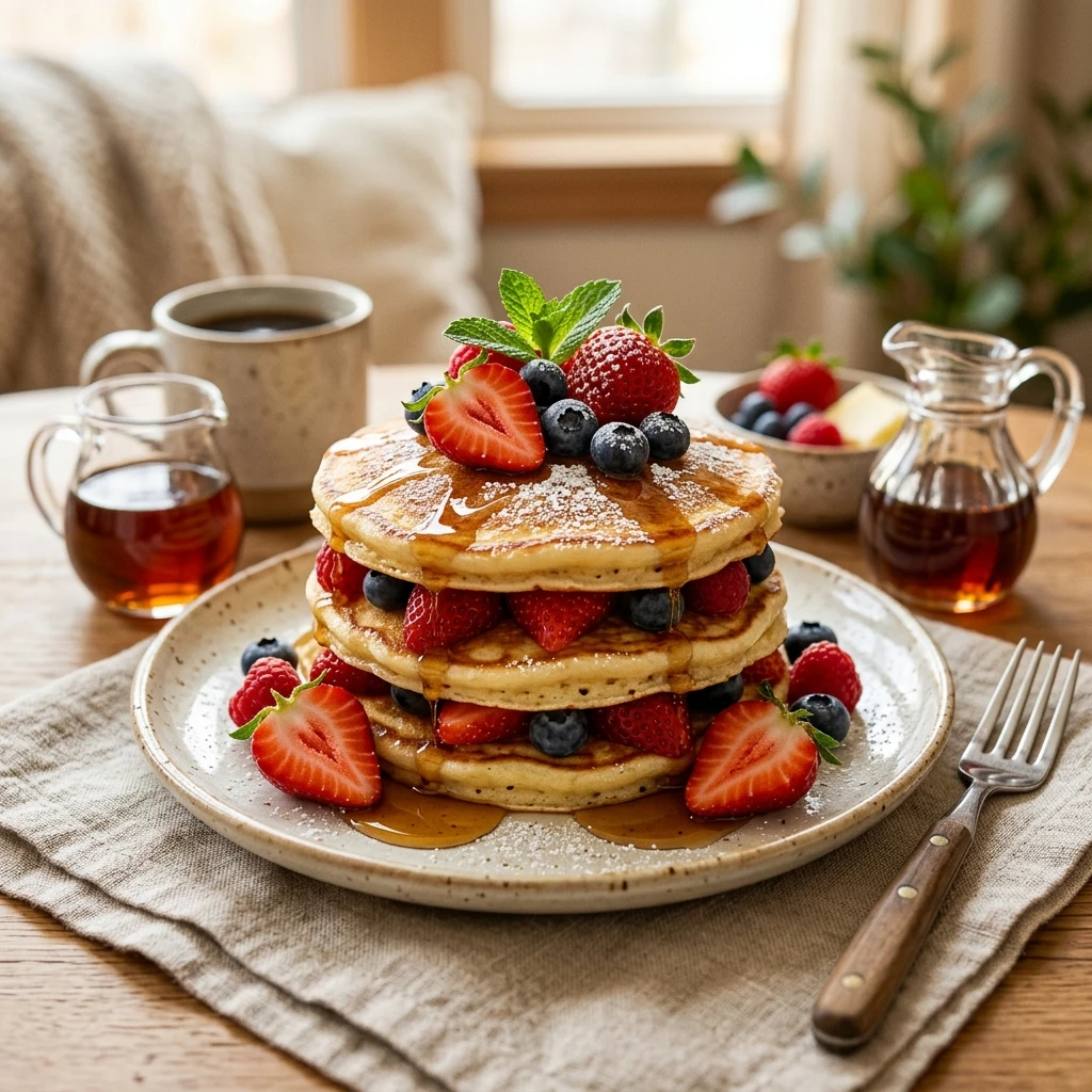 Fluffy Strawberry Pancakes Golden Fresh Berry Stack