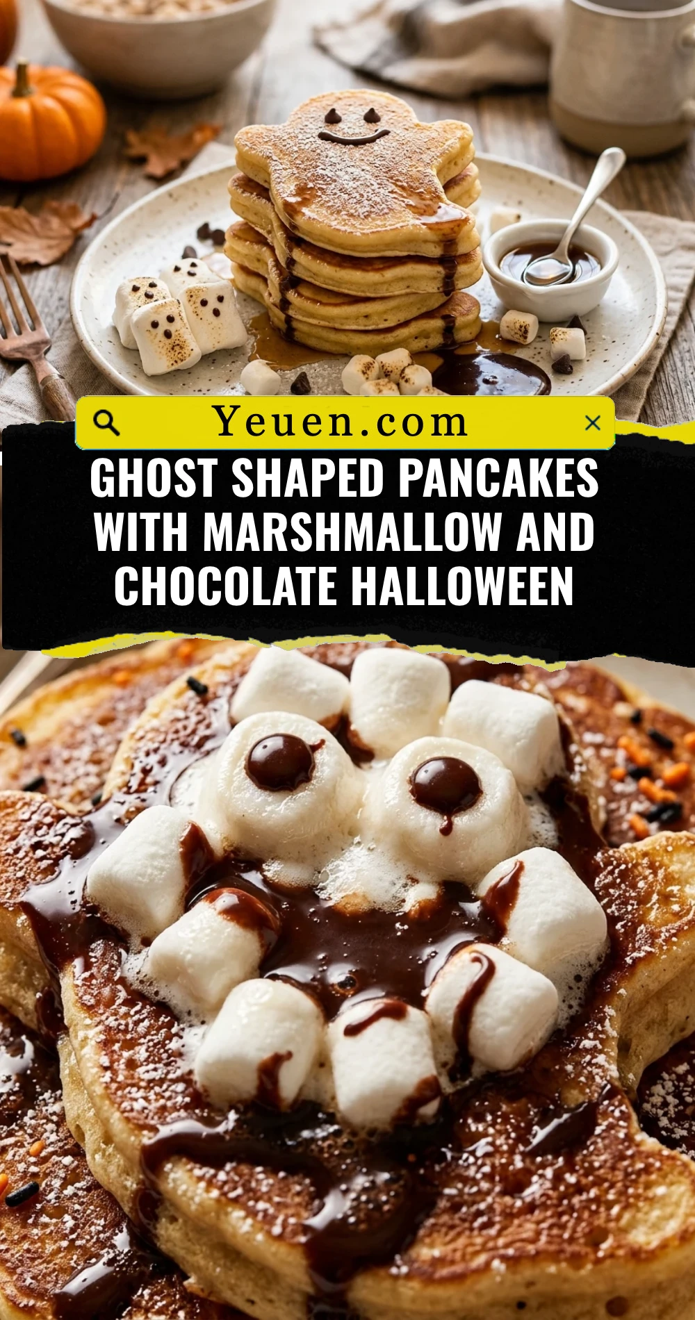 Ghost Shaped Pancakes With Marshmallow And Chocolate Halloween