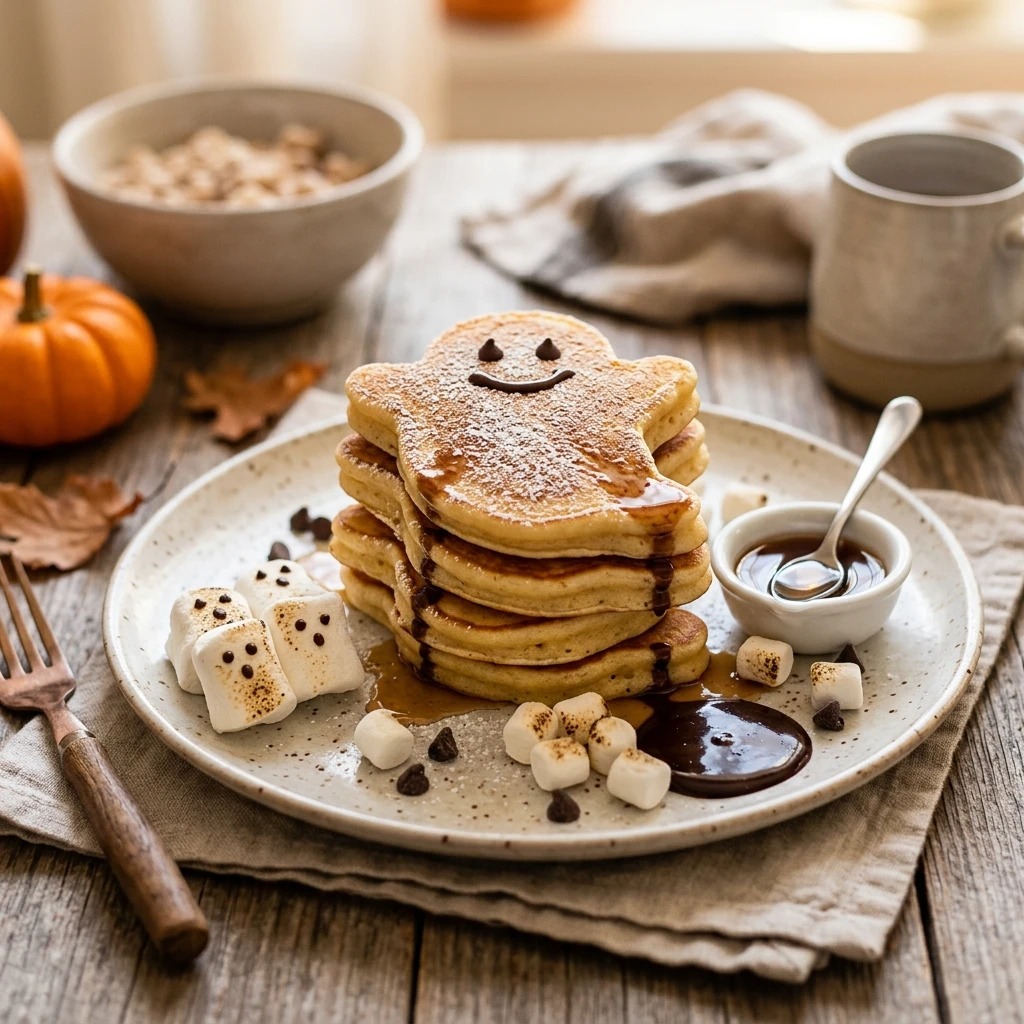 Ghost Shaped Pancakes With Marshmallow And Chocolate Halloween