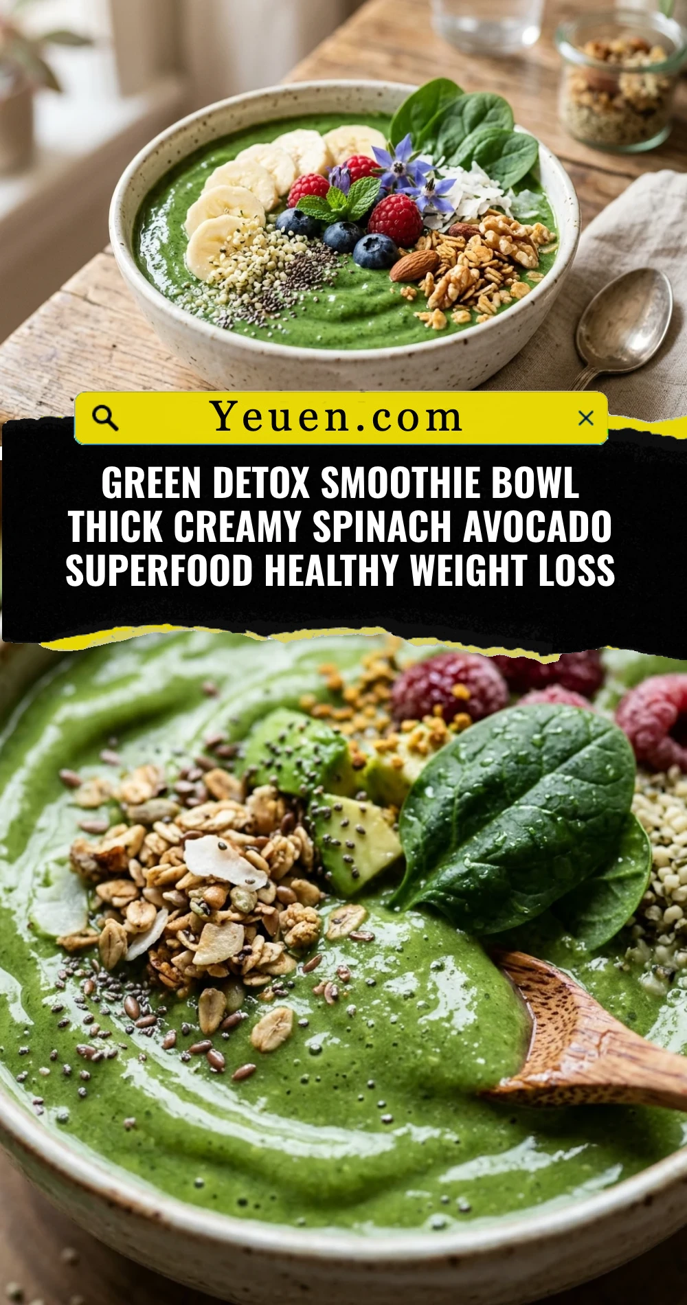 Green Detox Smoothie Bowl Thick Creamy Spinach Avocado Superfood Healthy Weight Loss