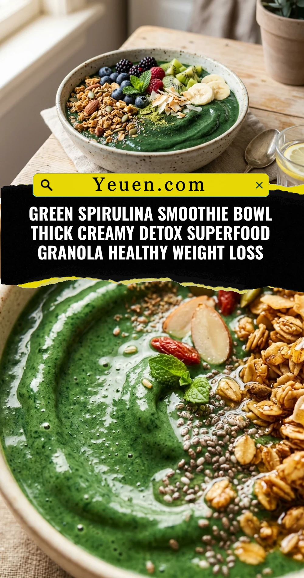 Green Spirulina Smoothie Bowl Thick Creamy Detox Superfood Granola Healthy Weight Loss
