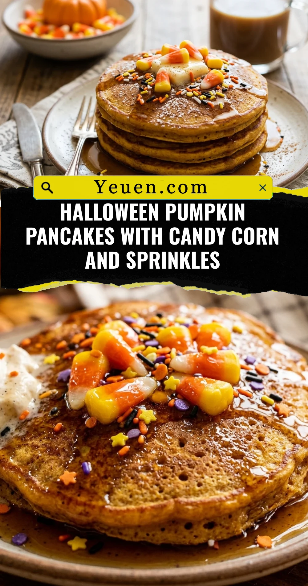 Halloween Pumpkin Pancakes With Candy Corn And Sprinkles