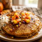 Halloween Pumpkin Pancakes With Candy Corn And Sprinkles
