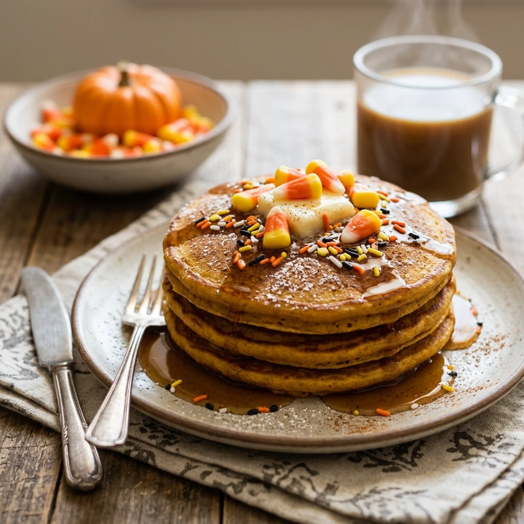Halloween Pumpkin Pancakes With Candy Corn And Sprinkles