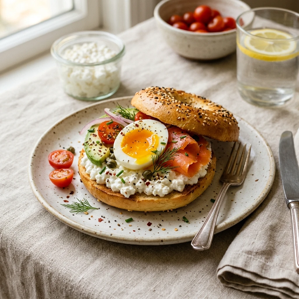 High Protein Bagel Breakfast 30g+ Easy Meal Prep Low Carb Cottage Cheese