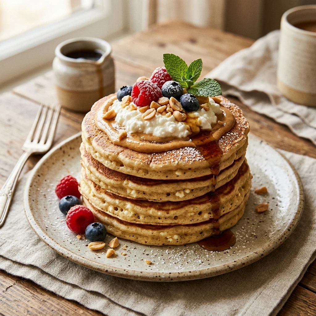 High Protein Peanut Butter Pancakes Cottage Cheese 25g