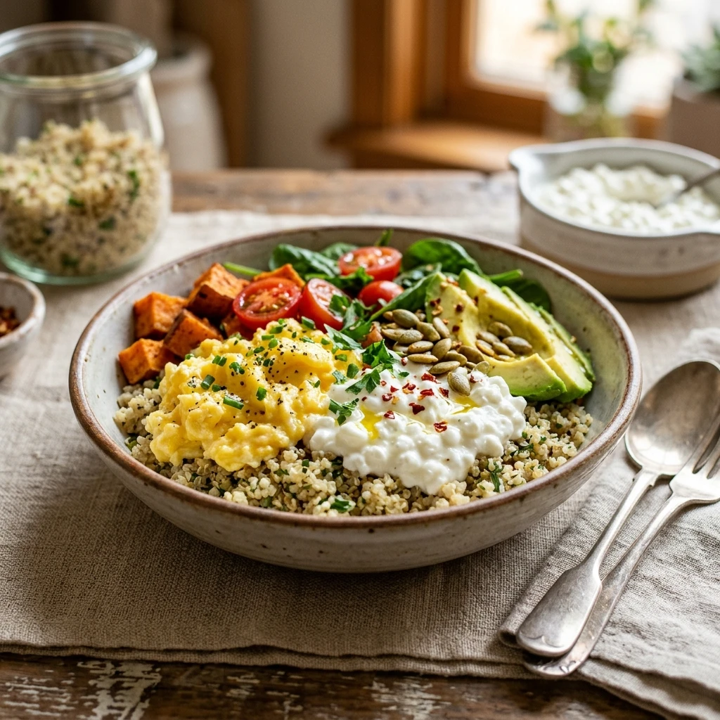 High Protein Quinoa Meal Prep 30g+ Easy Breakfast Dinner Cottage Cheese