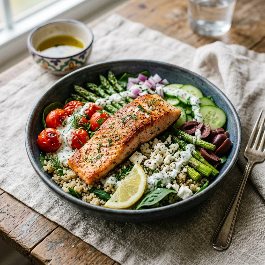 High Protein Salmon Bowl Mediterranean