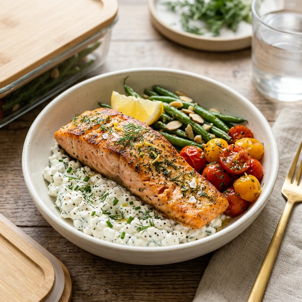 High Protein Salmon Dinner 30g+ Easy Low Carb Meal Prep Cottage Cheese