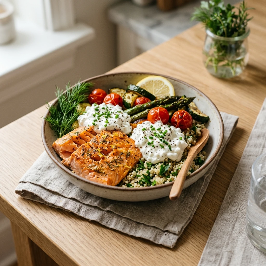 High Protein Salmon Meal Prep 30g+ Easy Breakfast Dinner Cottage Cheese