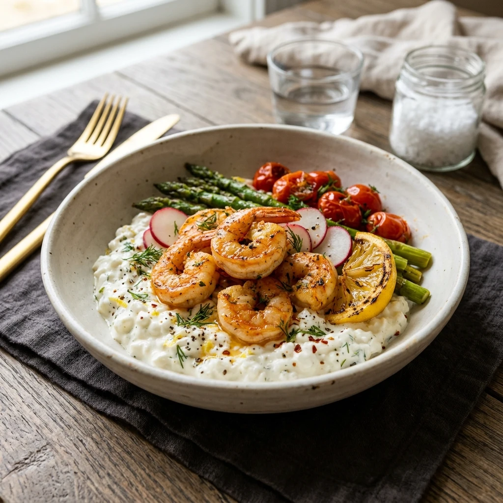 High Protein Shrimp Dinner 30g+ Easy Low Carb Meal Prep Cottage Cheese