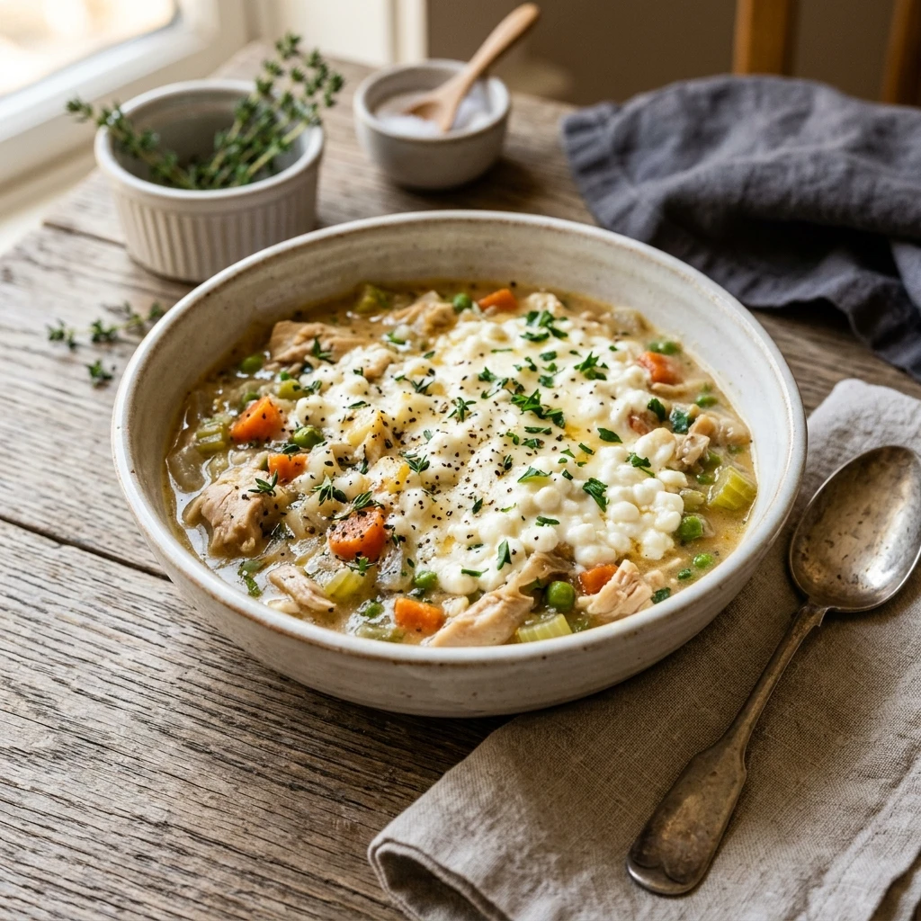 High Protein Slow Cooker Chicken Pot Pie Cottage Cheese