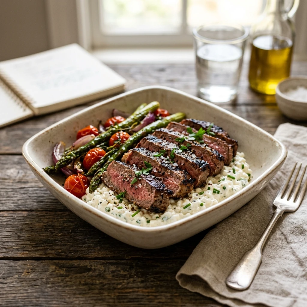 High Protein Steak Dinner 30g+ Easy Meal Prep Low Carb Cottage Cheese