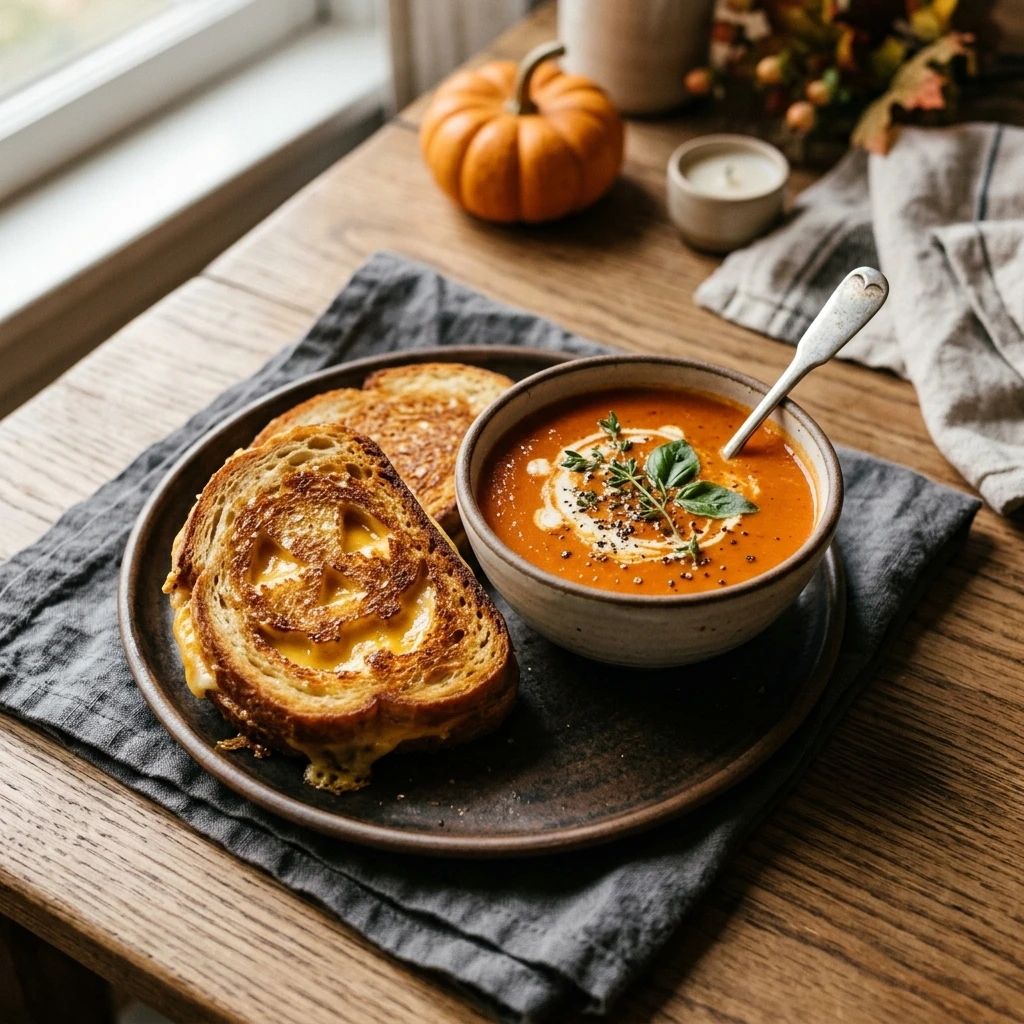 Jack-O-Lantern Grilled Cheese Halloween Tomato Soup