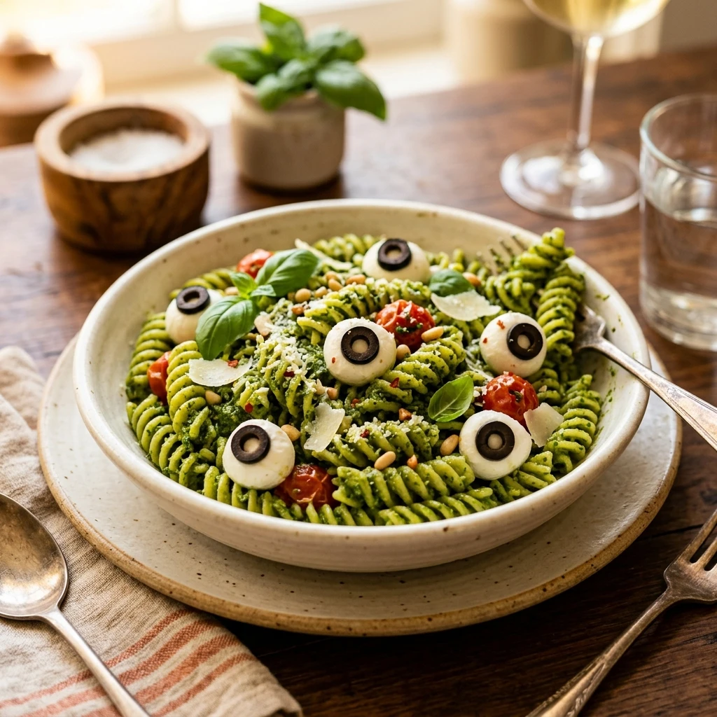 Monster Eye Pasta Halloween Green Pesto Kids