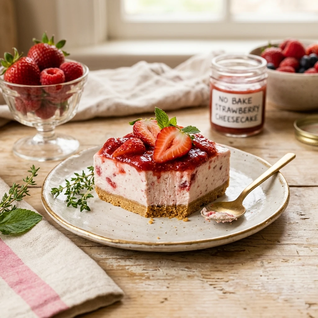 No Bake Strawberry Cheesecake Bars Easy Creamy Viral 2026 Recipe