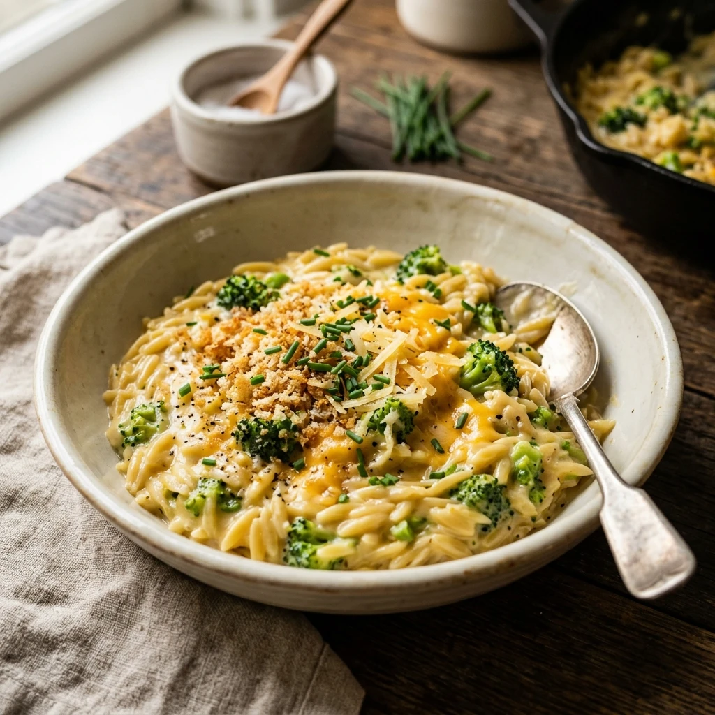 One Pot Broccoli Cheddar Orzo