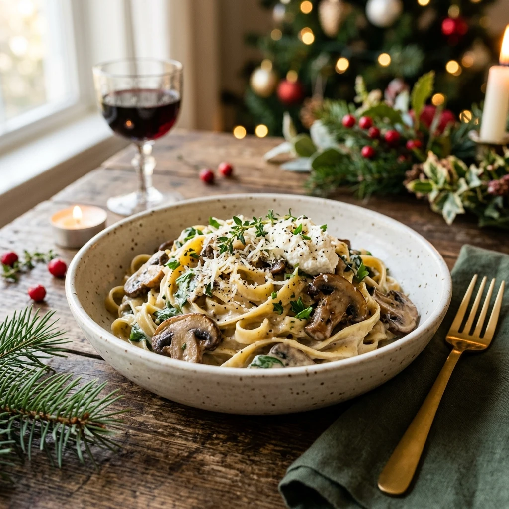 One Pot Creamy Mushroom Pasta Christmas Vegetarian Holiday