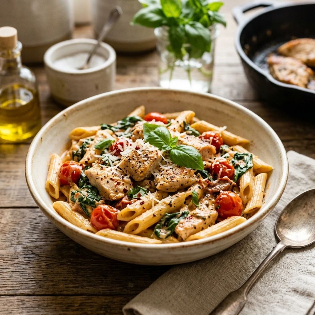 One-Pot Creamy Tuscan Chicken Pasta 20 Minute