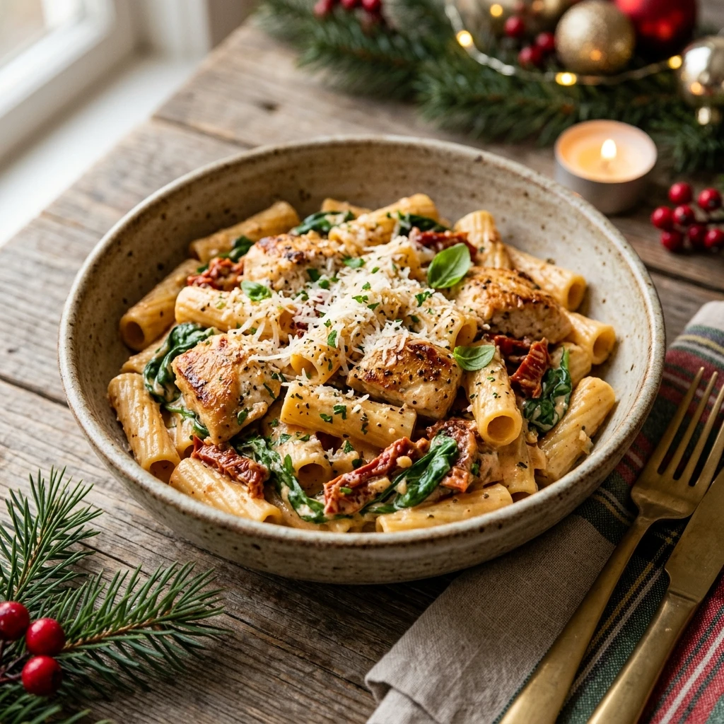 One Pot Creamy Tuscan Chicken Pasta Christmas Holiday 20 Minute