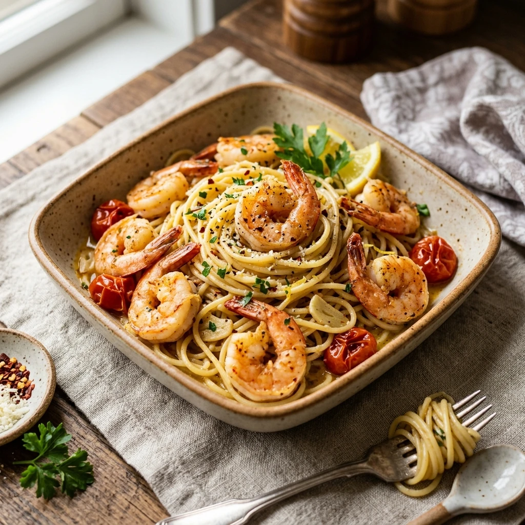 One-Pot Garlic Butter Shrimp Pasta 15 Minute