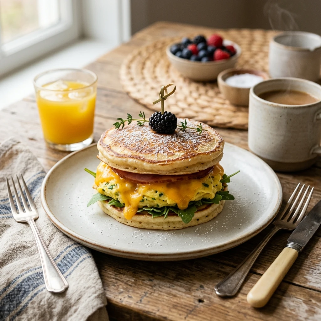 Pancake Breakfast Sandwich Fluffy Savory Egg Cheese