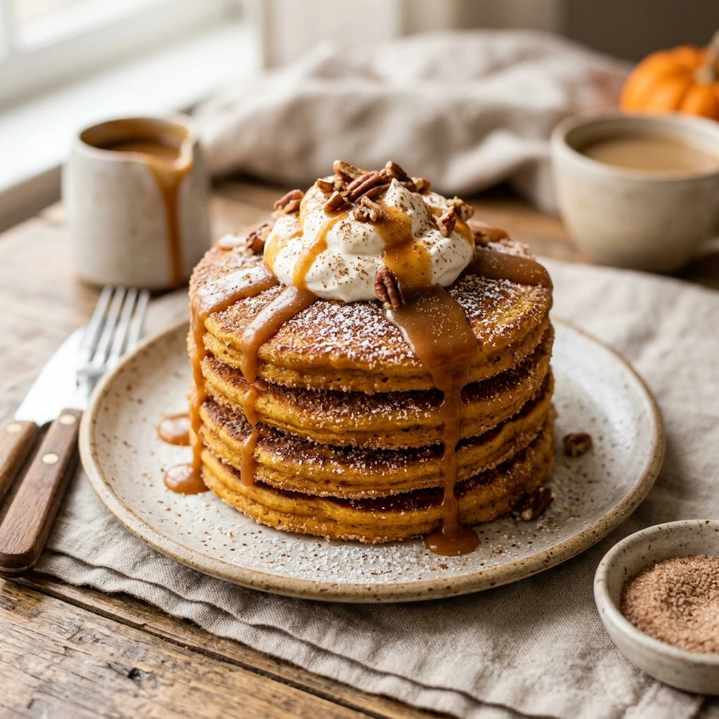 Pumpkin Churro Pancakes Crispy Cinnamon Sugar Fall
