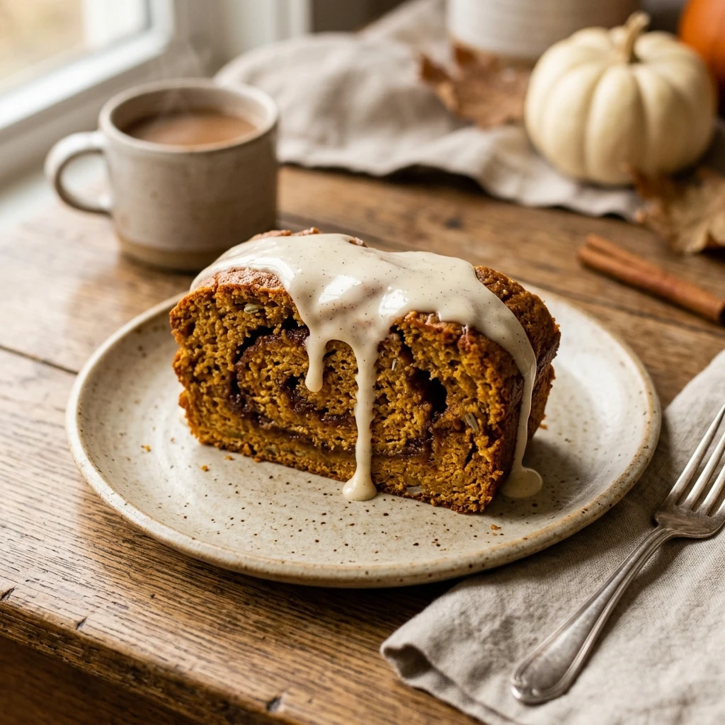 Pumpkin Cinnamon Swirl Bread With Vanilla Glaze Fall Baking