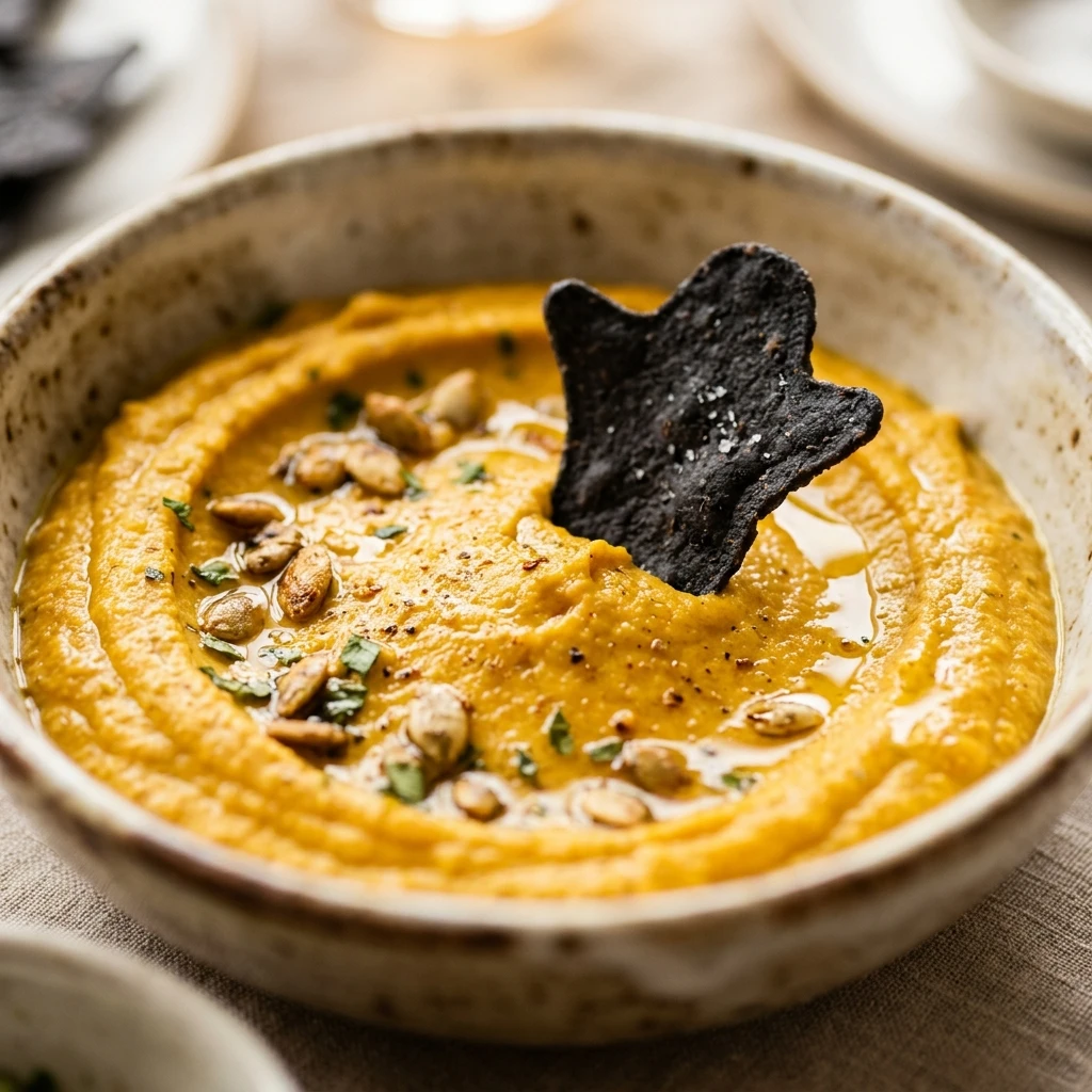 Pumpkin Hummus With Ghost Chips – Vegan Dinner