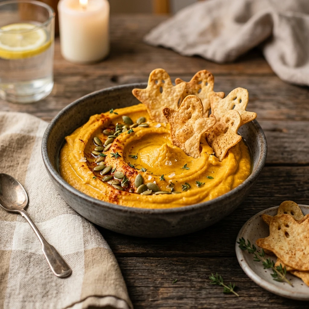 Pumpkin Hummus With Ghost Chips - Vegan Dinner